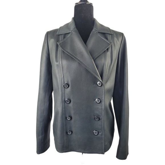 Alfani woman’s black 100% genuine leather buttoned blazer coat size M - Picture 1 of 11